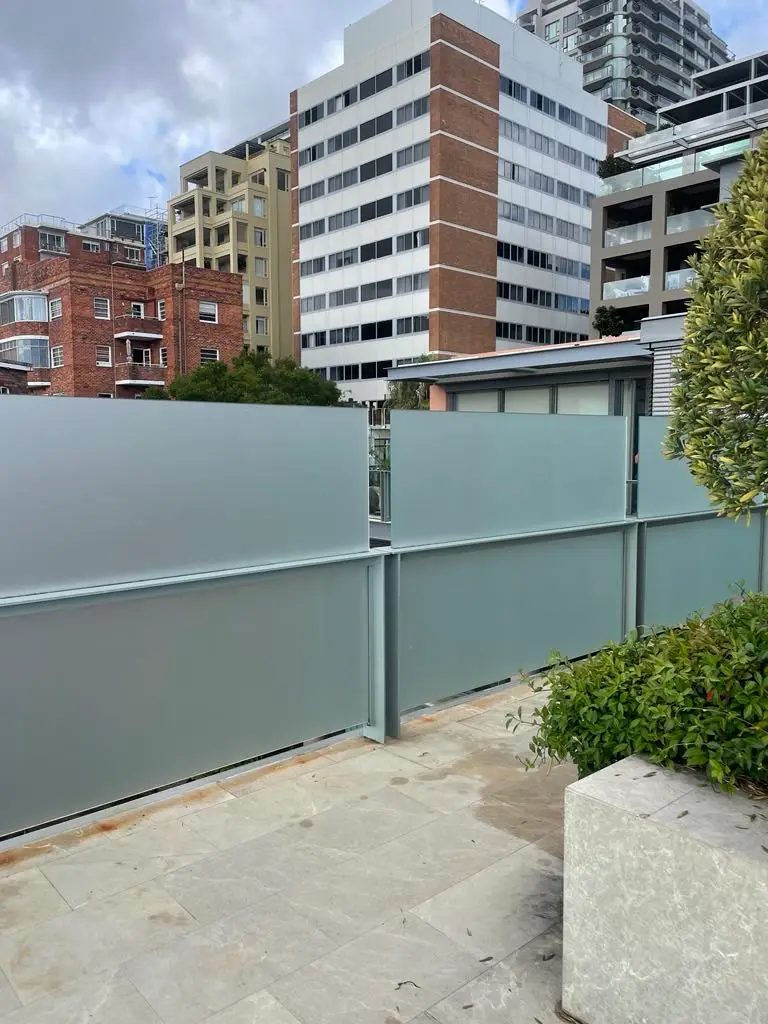 Frosted glass balustrade with buildings