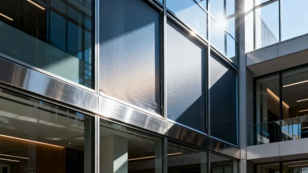 Sunlight on modern building with solar film windows.
